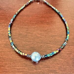 Baroque Blue pearl bracelet with iridescent seed beads. Delicate and feminine